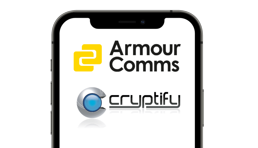Phone showing Armour Comms and Cryptify Logos