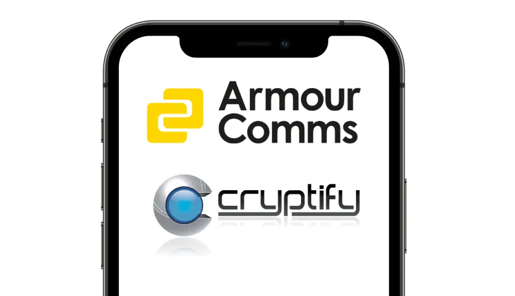 Phone showing Armour Comms and Cryptify Logos