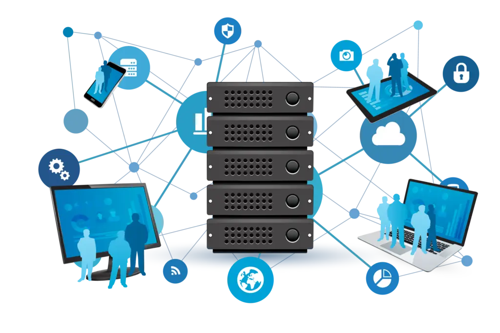 Server Hosting by Serbus. Image showing server with mulitple devices connected to it.